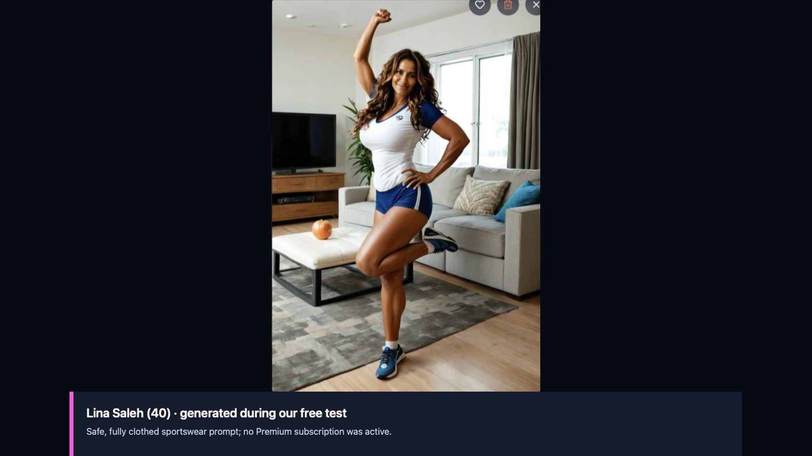 Fully clothed sportswear image of Lina Saleh generated in FLIRTcam's free account