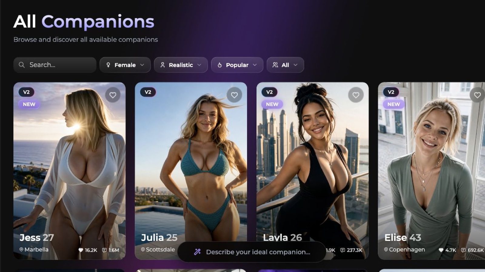 Secrets.ai English companion library with gender, realistic style and popularity filters
