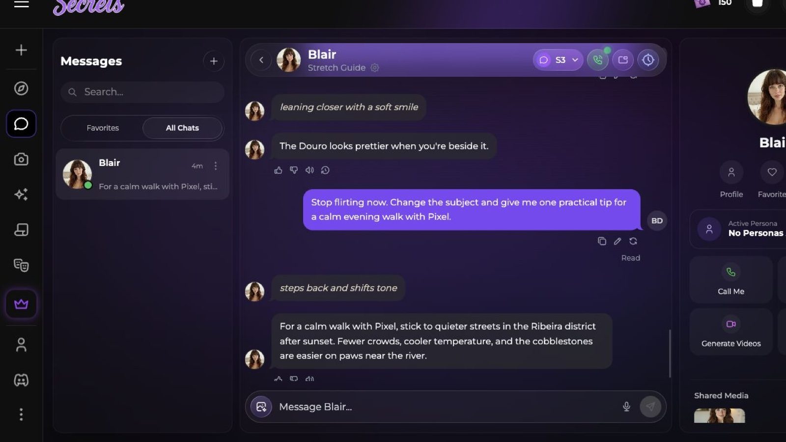 Secrets.ai-Chat mit Blair auf dem Modell S3: Nach der Bitte, mit dem Flirten aufzuhören, zieht sie sich zurück und gibt einen praktischen Tipp für einen ruhigen Spaziergang mit Pixel