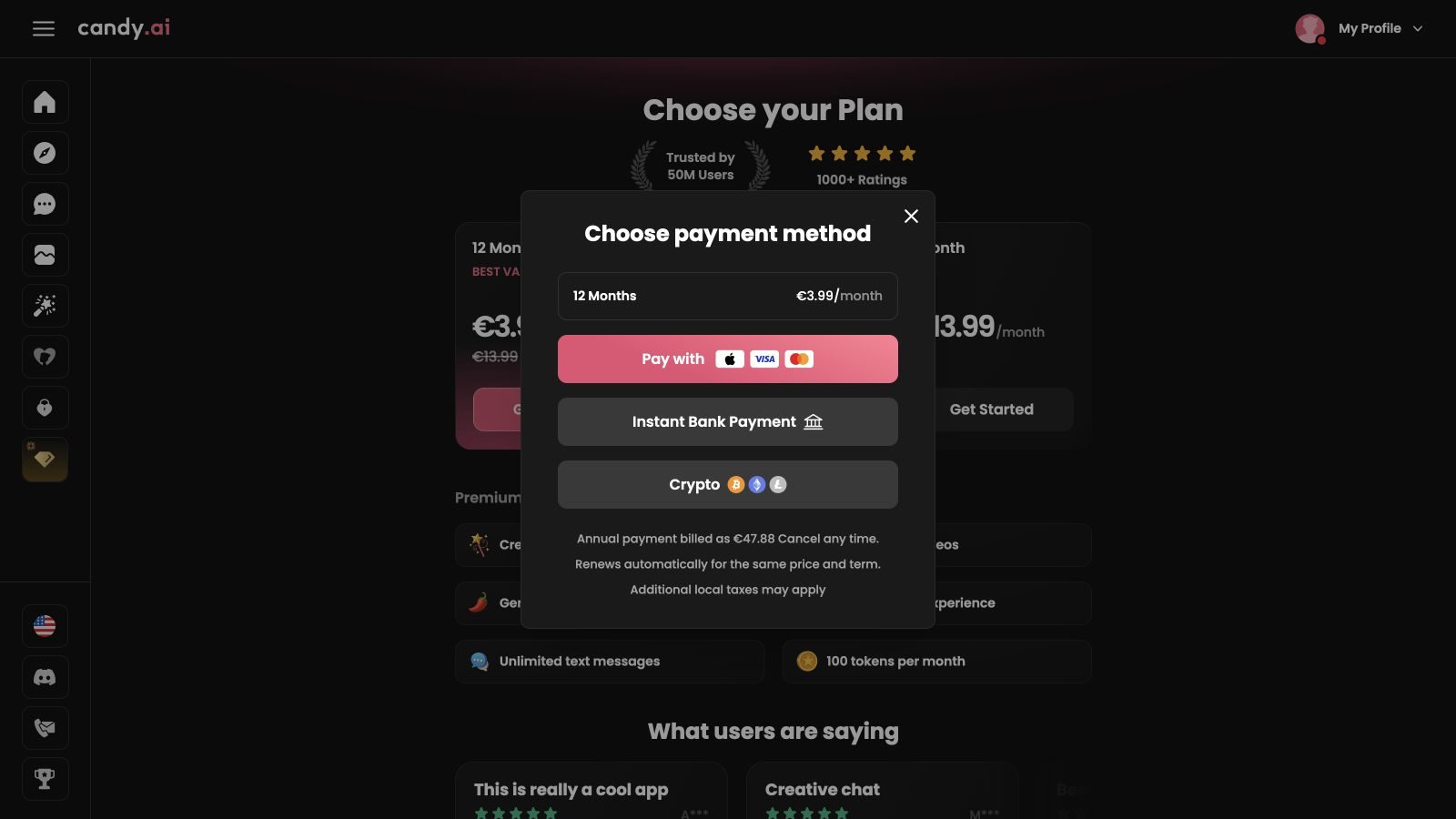 Candy AI's annual payment modal showing 47.88 euros billed and automatic renewal for the same term