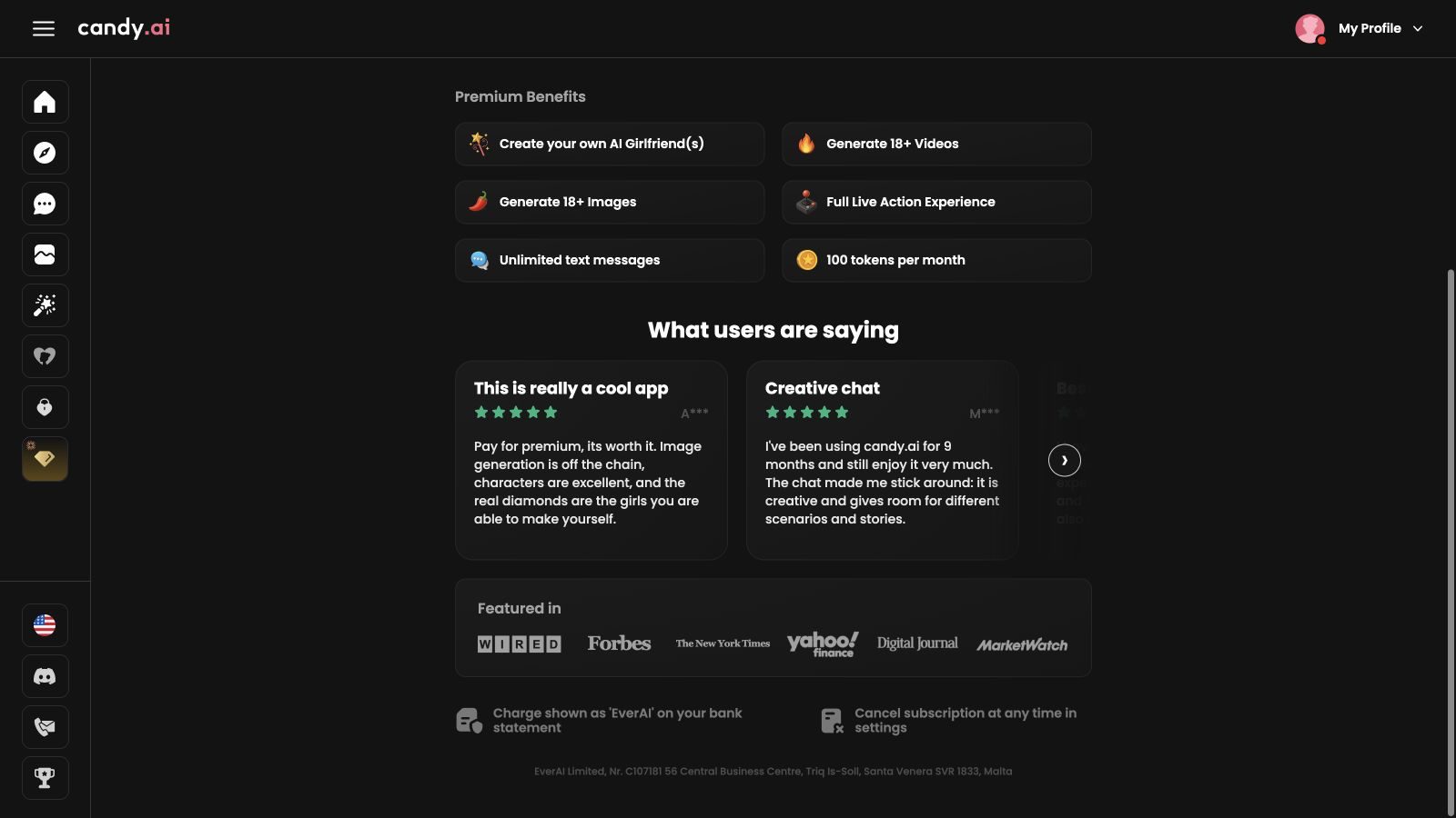 Candy AI's subscription page showing the EverAI billing descriptor, settings cancellation note and EverAI Limited operator line
