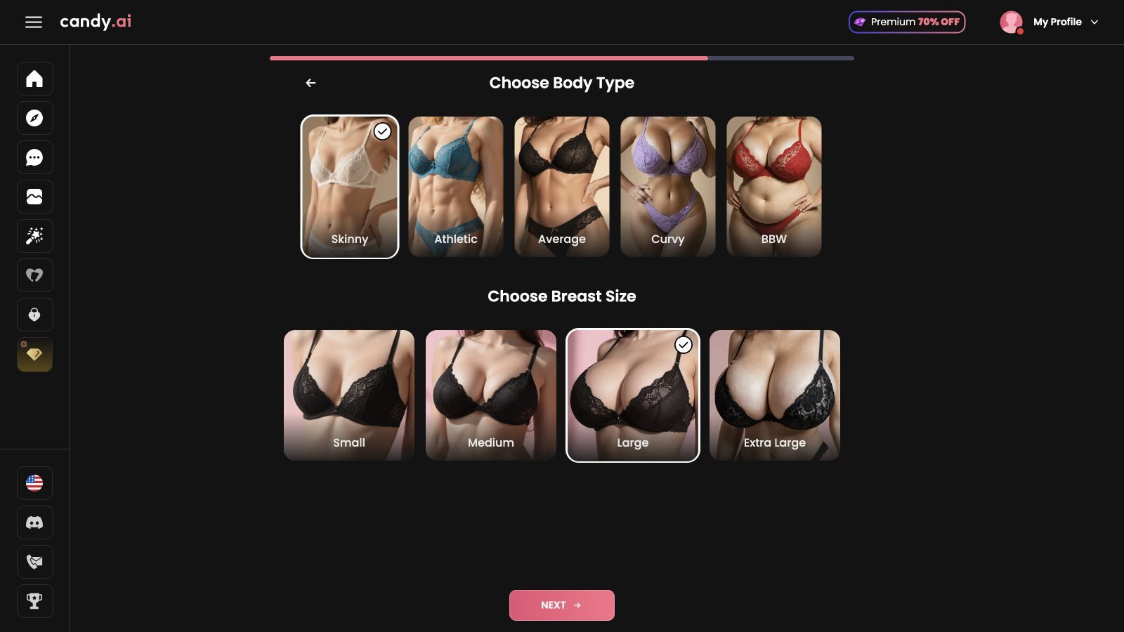 Candy AI's character creator showing covered body-type and breast-size option cards