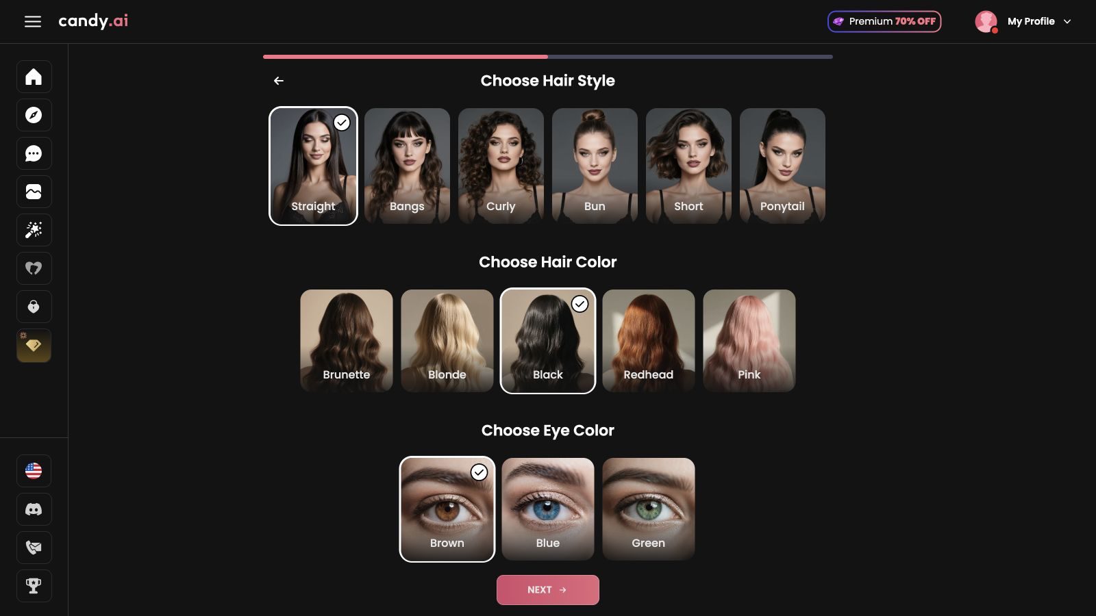 Candy AI's character creator showing hairstyle, hair-colour and eye-colour choices