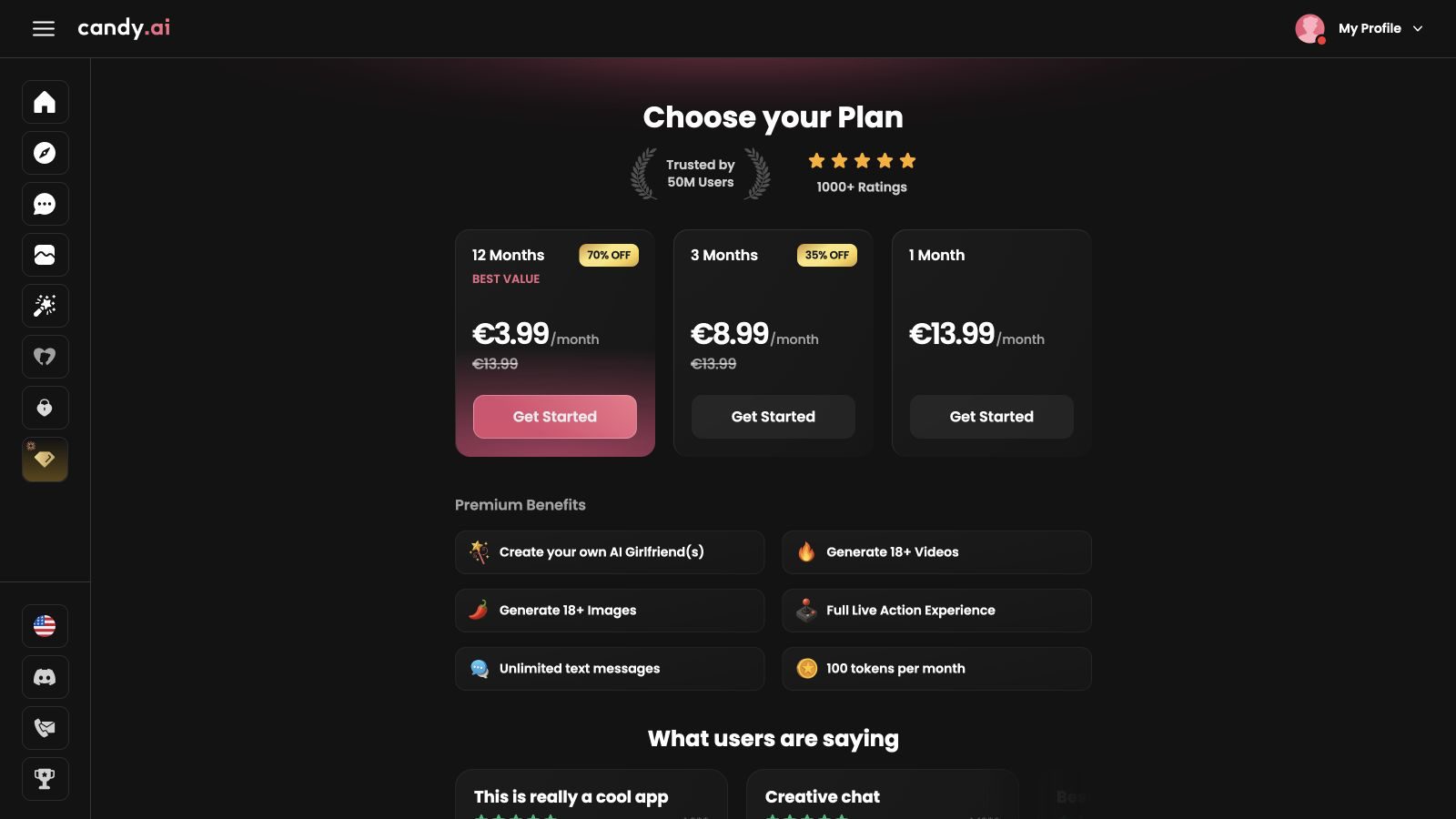Candy AI's EUR subscription page showing three plan cards and the Standard Premium benefit list