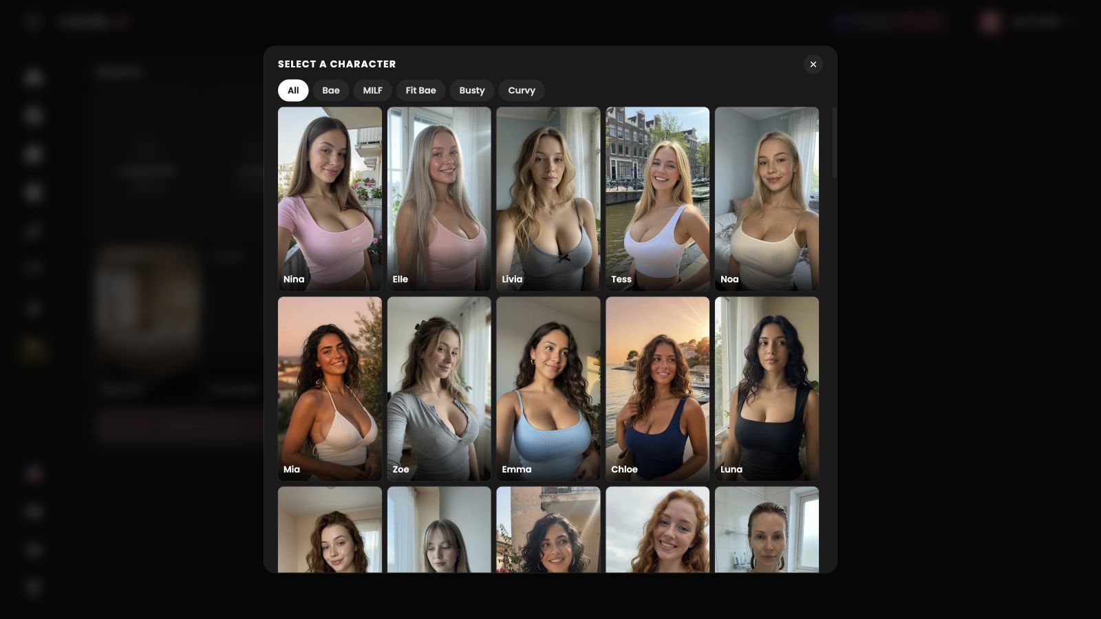 Candy AI's Create Video character picker showing named photorealistic character presets