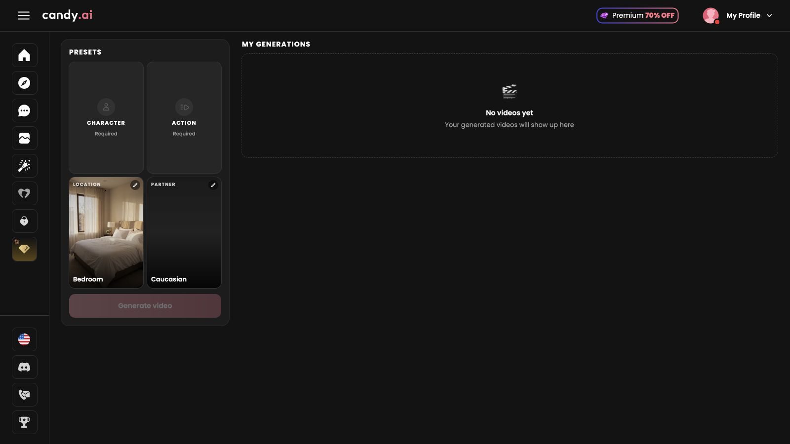 Candy AI's empty Create Video studio with required presets and a disabled Generate video button