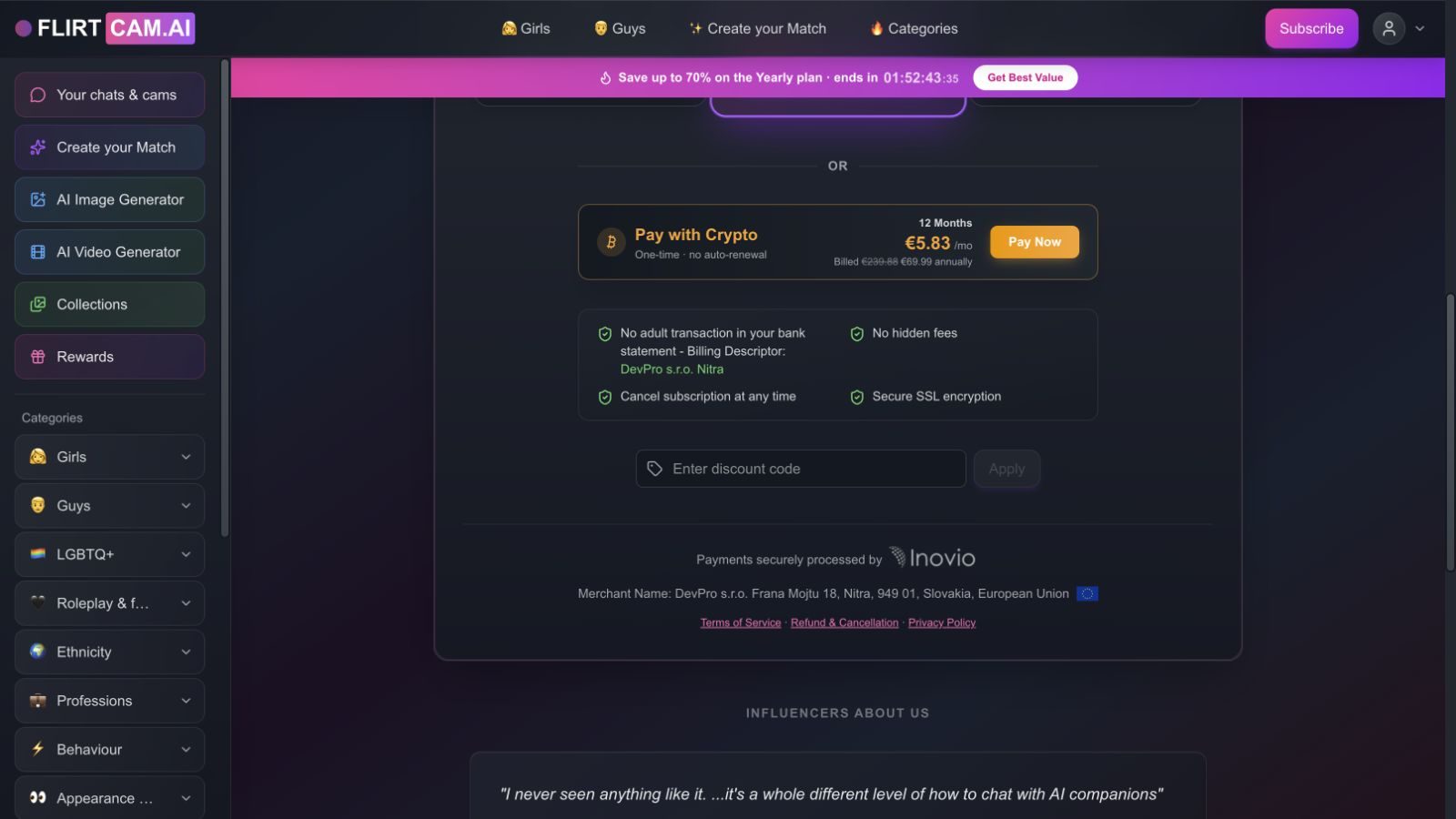 FLIRTcam.AI billing descriptor, processor, and DevPro operator address