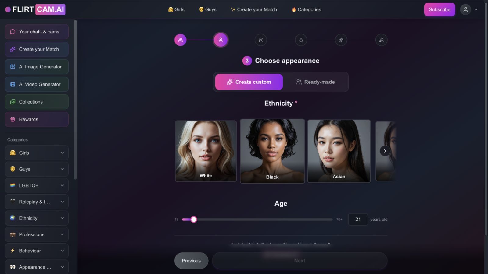 FLIRTcam.AI creator age slider set to 21 with bounds from 18 to 70 plus