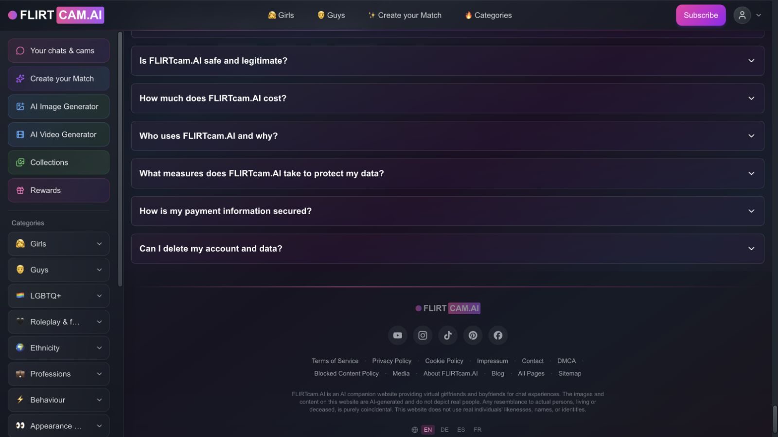 FLIRTcam.AI footer with legal links and an AI-generated-content disclosure