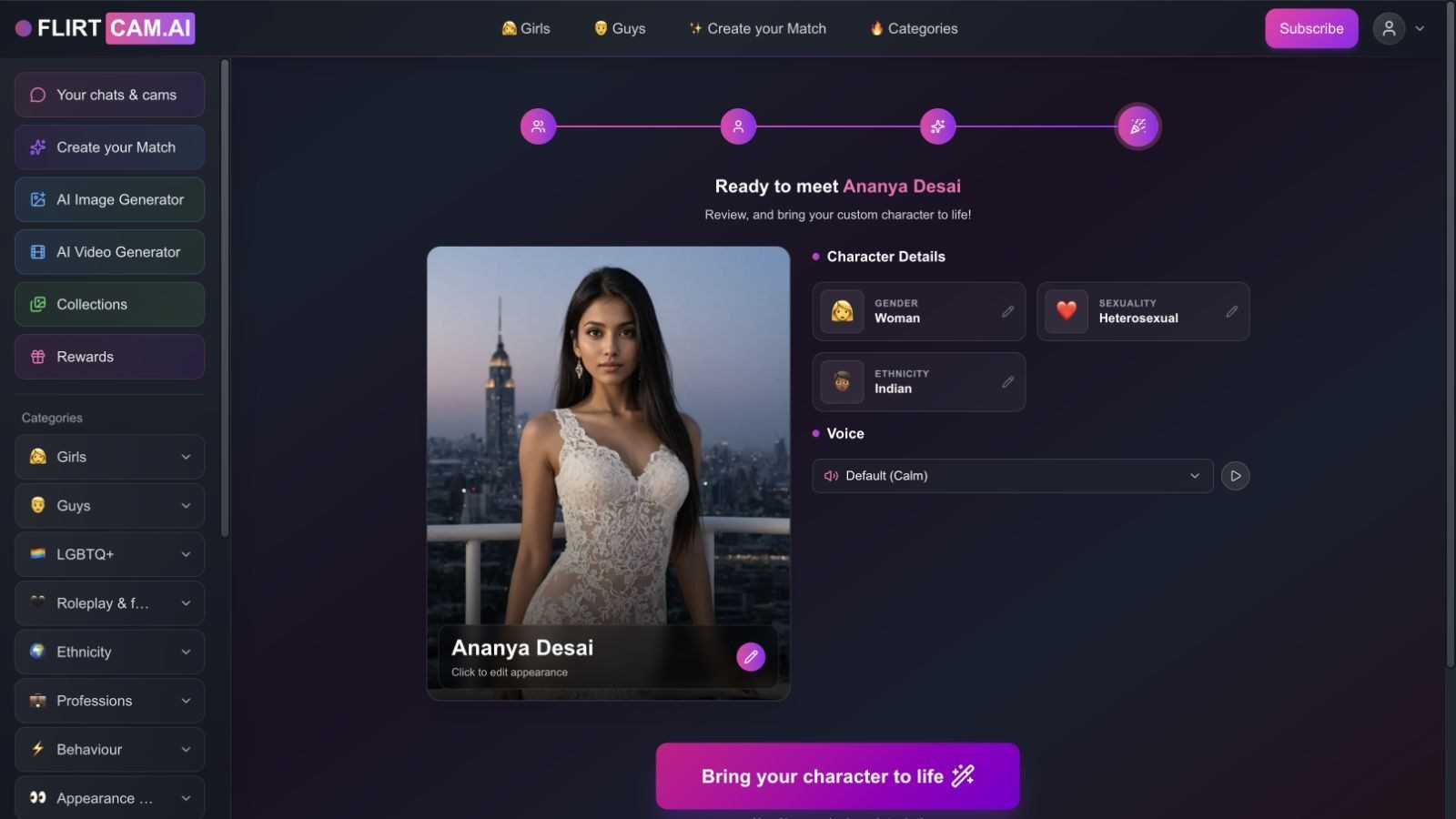 FLIRTcam.AI character creator showing the clothed Ananya Desai preview and the Bring your character to life button