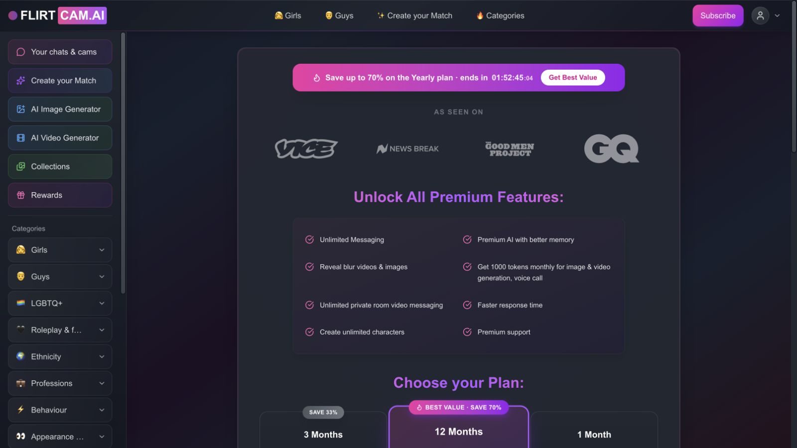FLIRTcam.AI Premium feature list including 1,000 monthly tokens