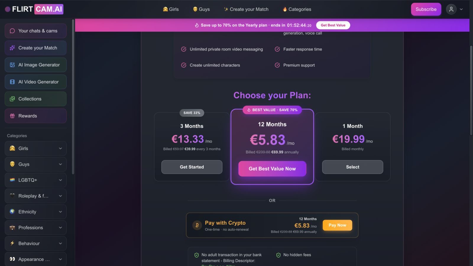 FLIRTcam.AI Premium prices for one, three, and twelve months