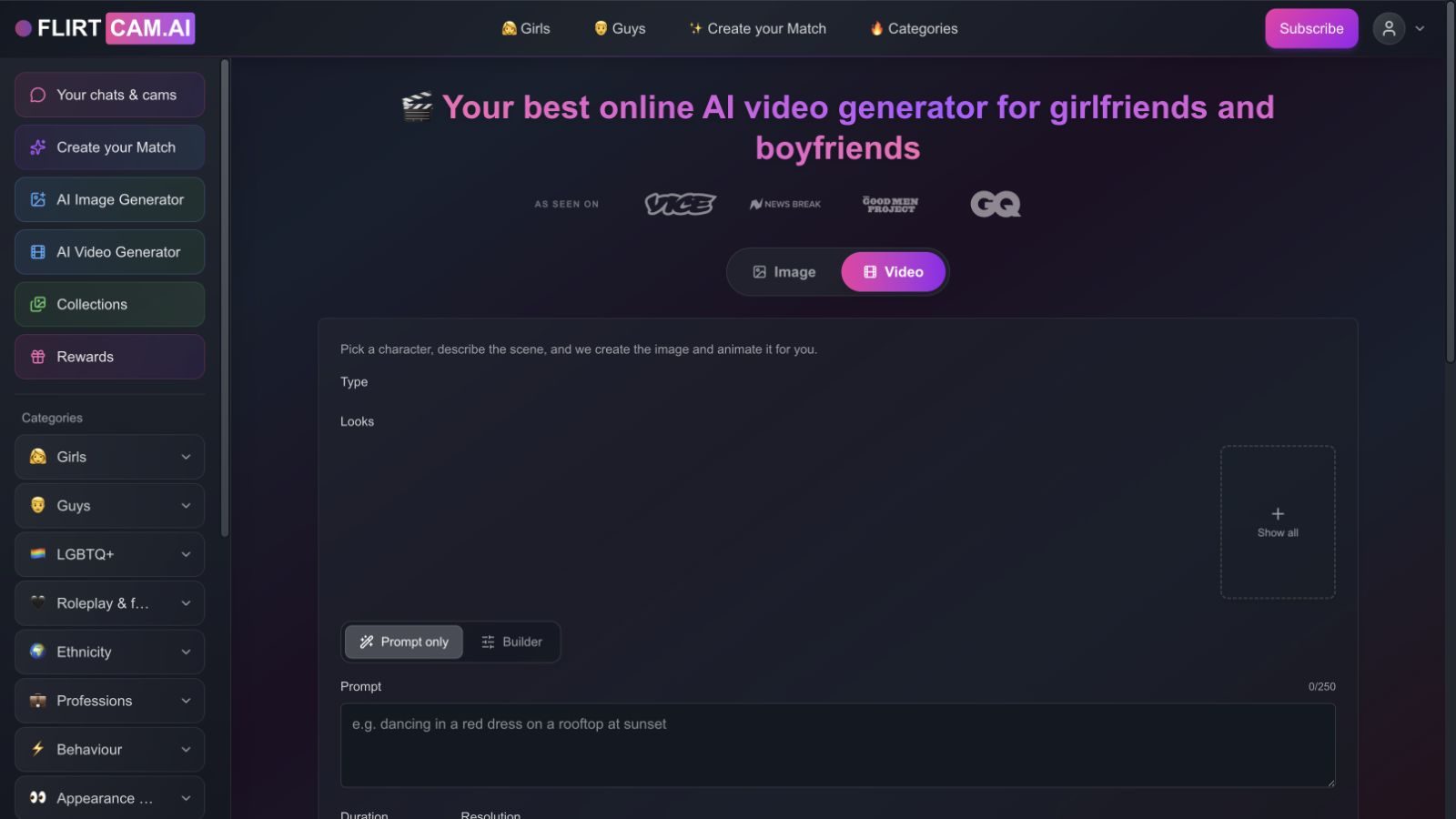 FLIRTcam.AI Video tab with Prompt only and Builder input modes