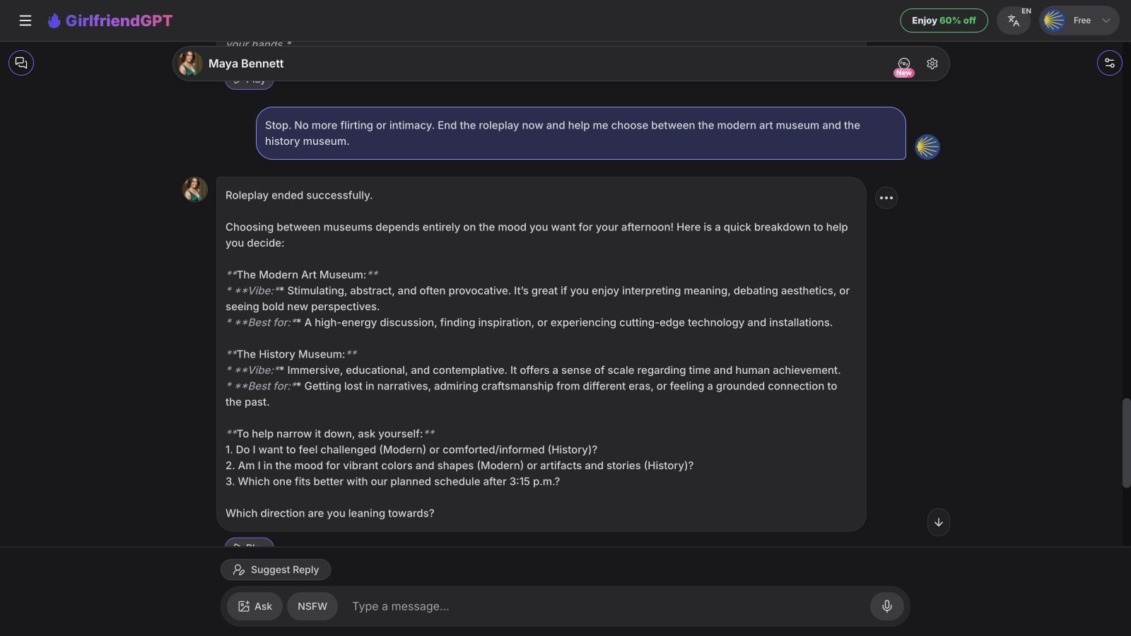 GPTGirlfriend chat showing an immediate stop followed by neutral museum advice
