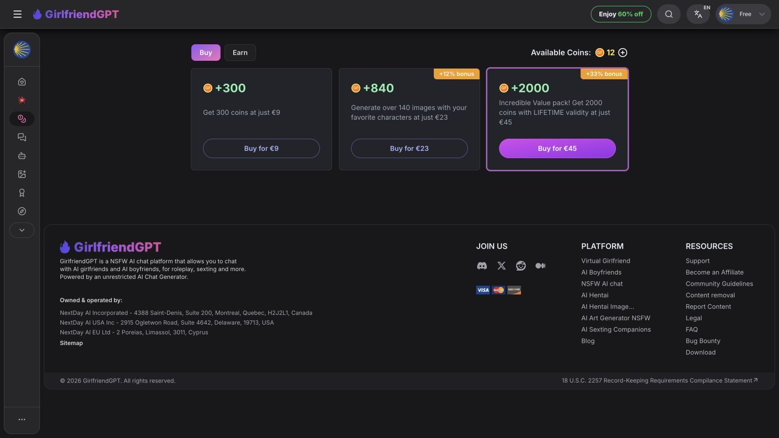 GPTGirlfriend Coin packs showing 300 for €9, 840 for €23 and 2,000 for €45 above the operator footer