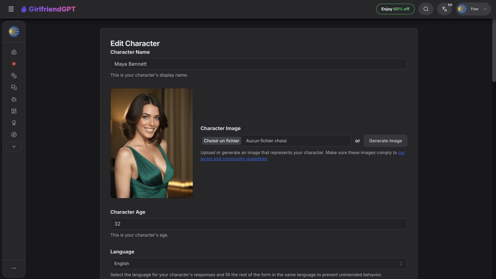 GPTGirlfriend character editor showing Maya, age 32, clothed in a non-nude green dress