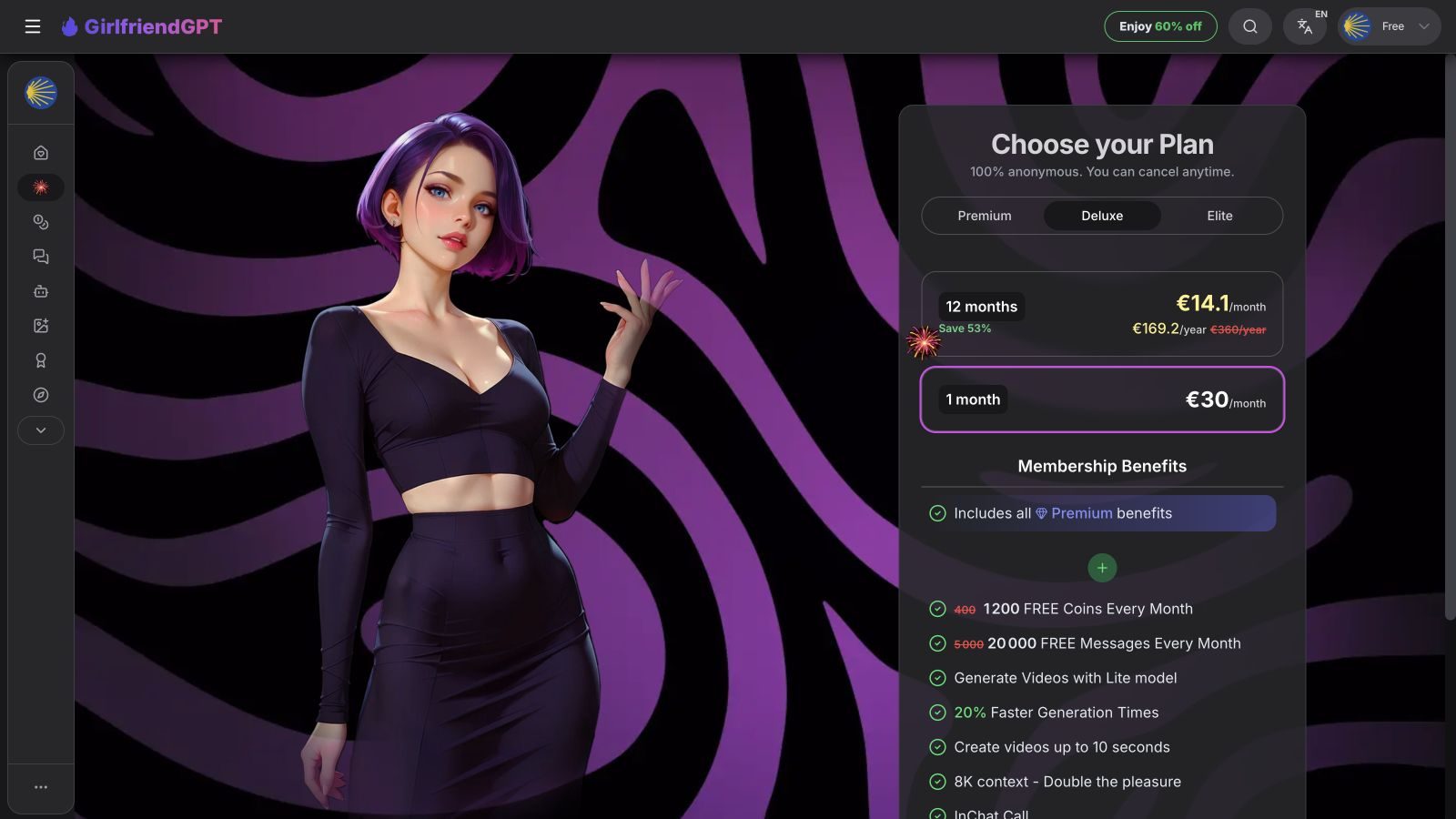 GPTGirlfriend Deluxe pricing showing €30 monthly and €169.20 billed yearly