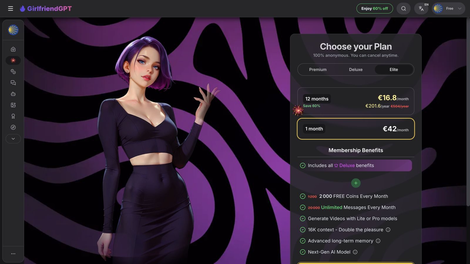 GPTGirlfriend Elite pricing showing €42 monthly and €201.60 billed yearly