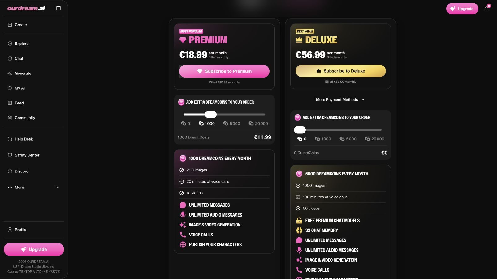 OurDream.ai Premium checkout showing a 1,000-DreamCoin add-on priced at €11.99