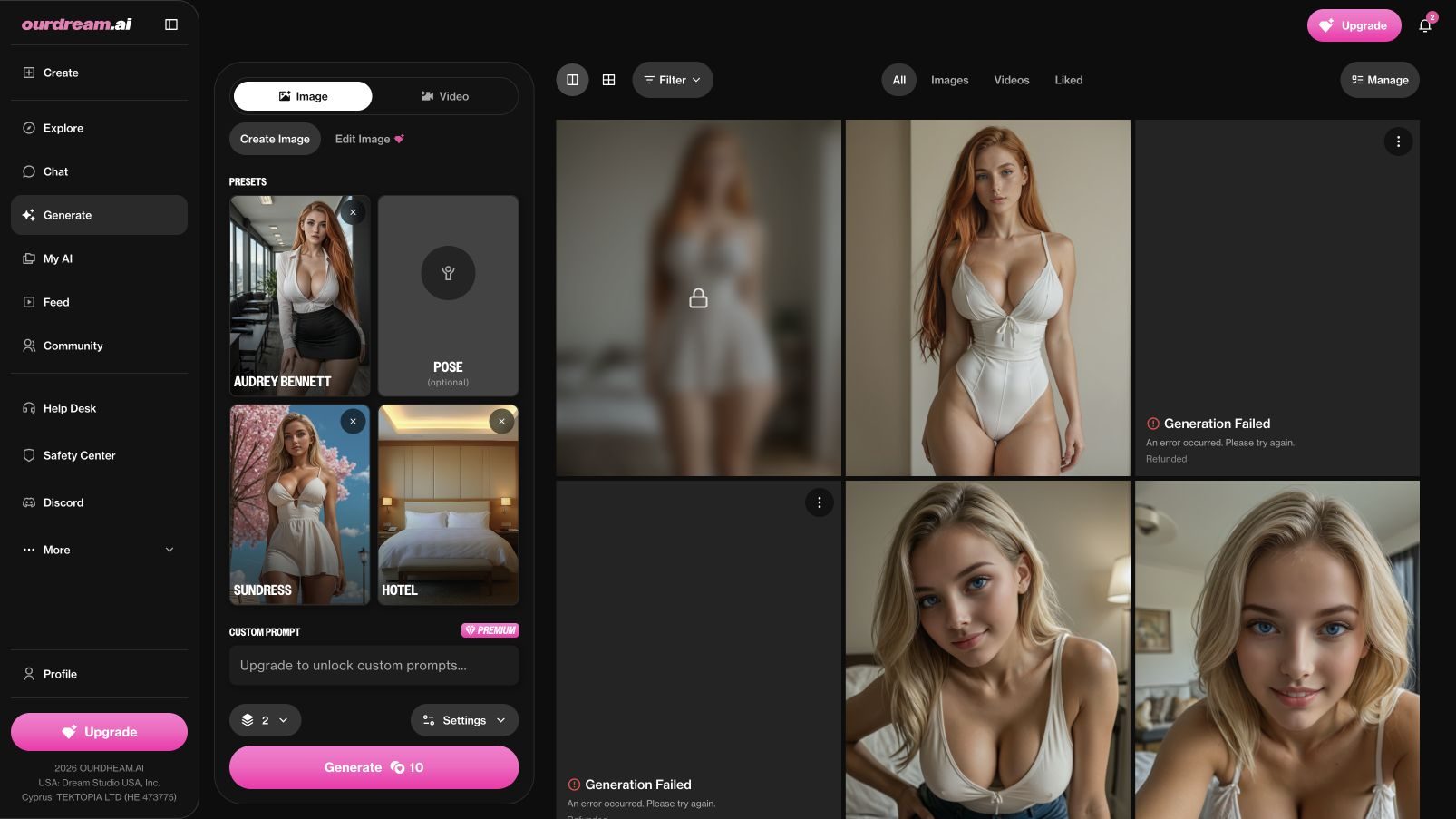 OurDream.ai image generator showing a two-image selection, a 10-DreamCoin Generate action and saved results