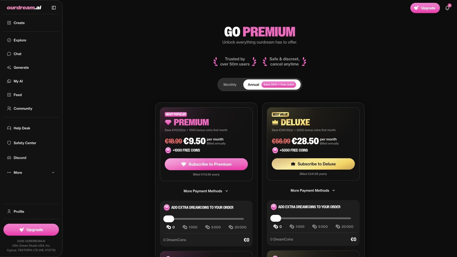 OurDream.ai annual Premium and Deluxe screen showing yearly totals and monthly equivalents