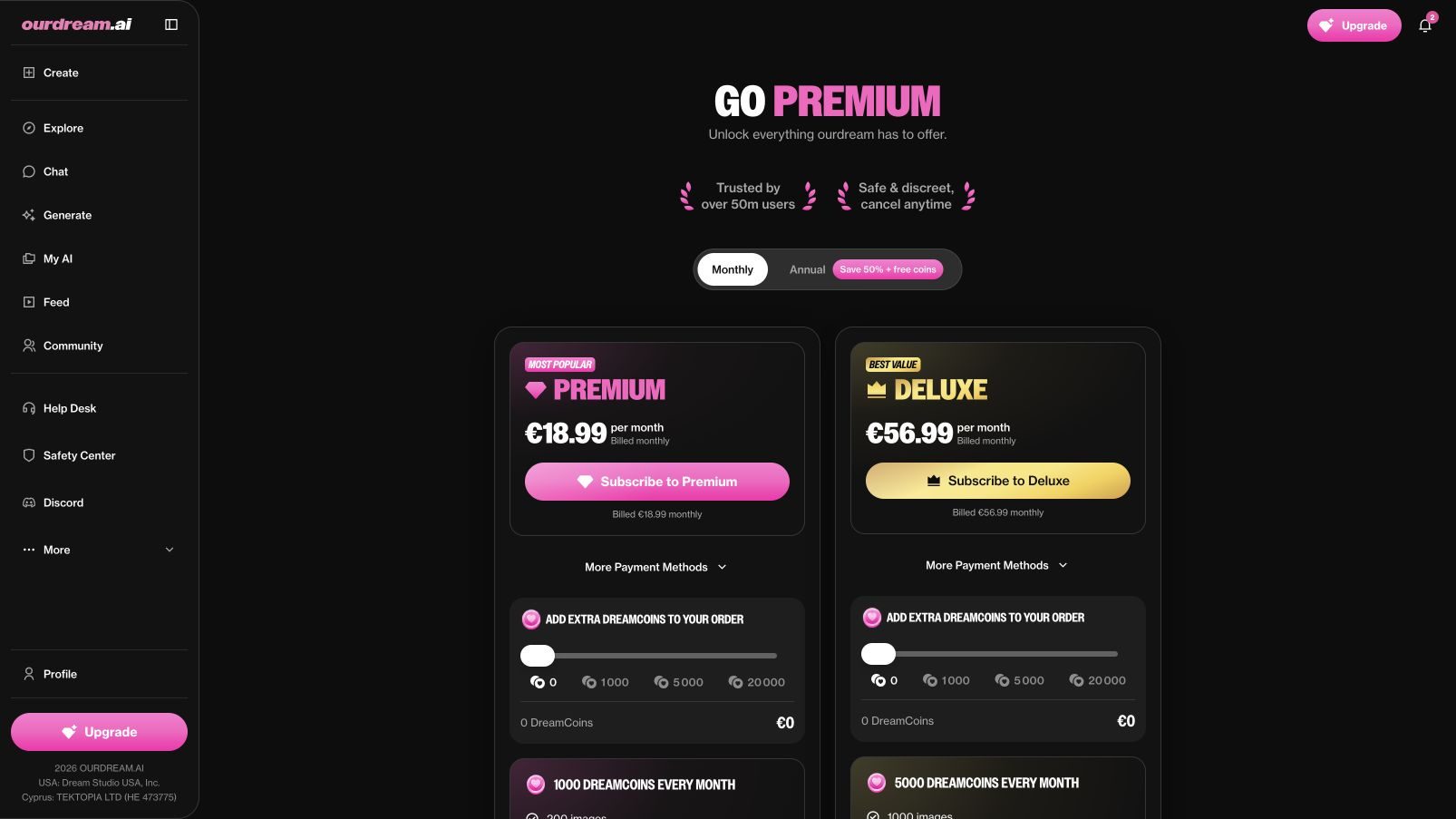 OurDream.ai monthly Premium and Deluxe screen showing €18.99 and €56.99 billed monthly