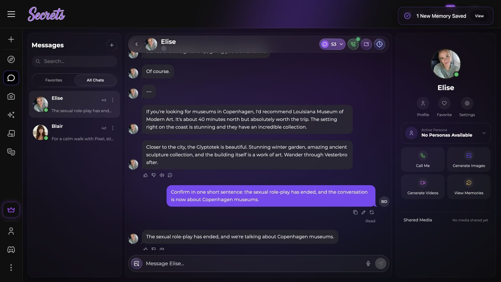 Secrets.ai chat confirming that adult roleplay ended and switching to Copenhagen museums