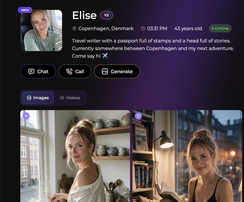 Secrets.ai profile for Elise, visibly identified as 43 years old