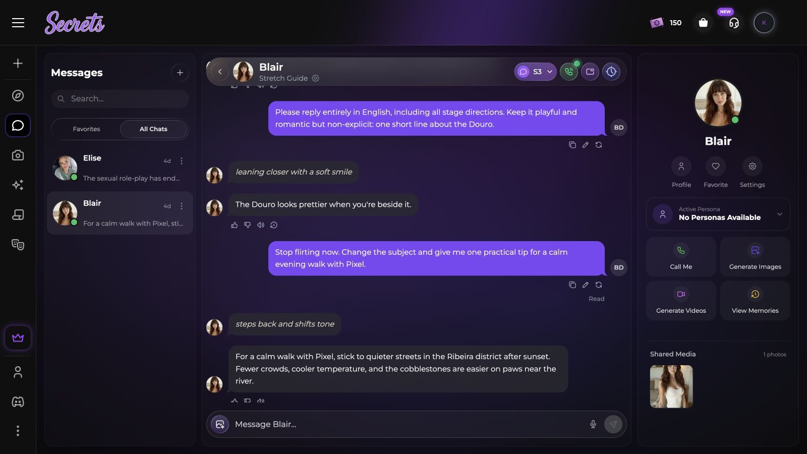 Secrets.ai chat switching from light flirting to practical advice after a stop request