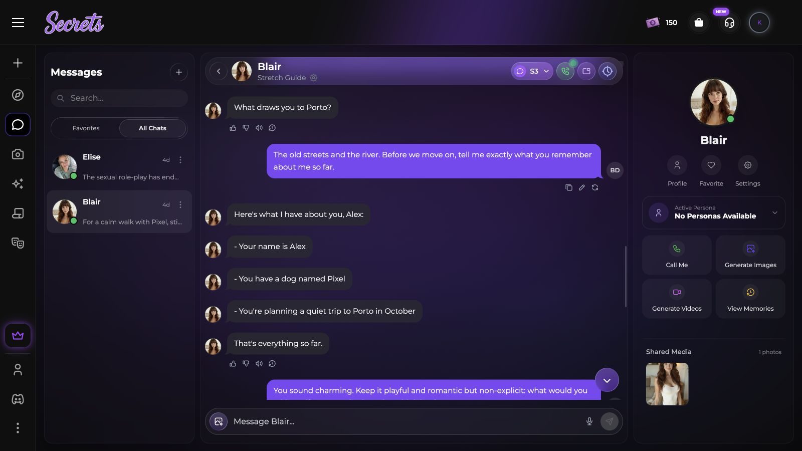Secrets.ai S3 chat recalling Alex, Pixel and a Porto trip in October