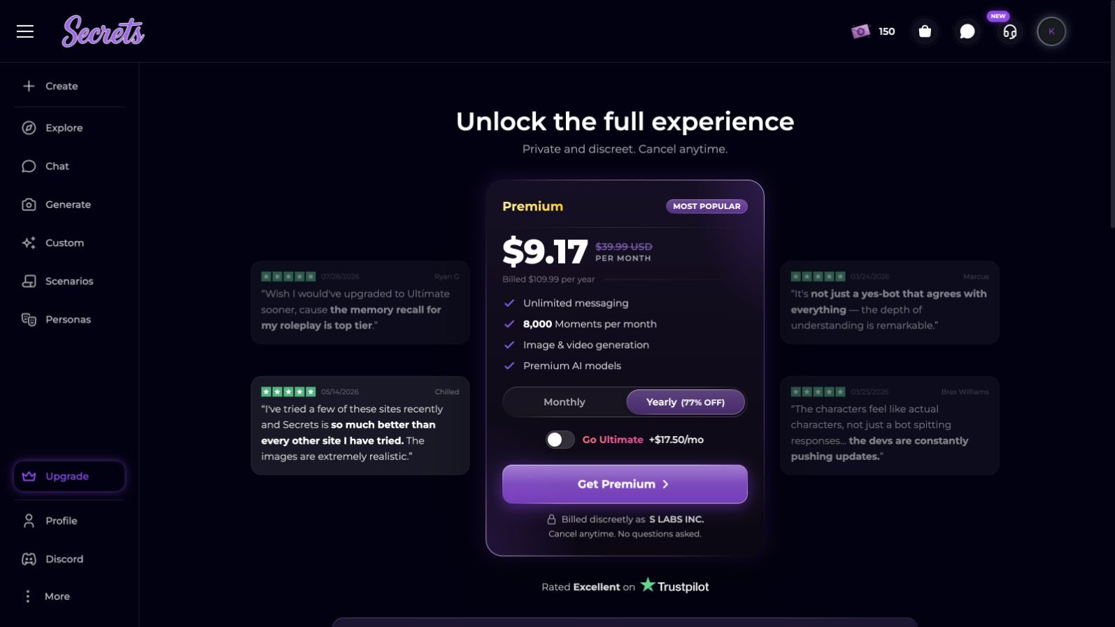 Secrets.ai annual Premium checkout displaying a $109.99 billed total, 8,000 monthly Moments and the S LABS INC. descriptor