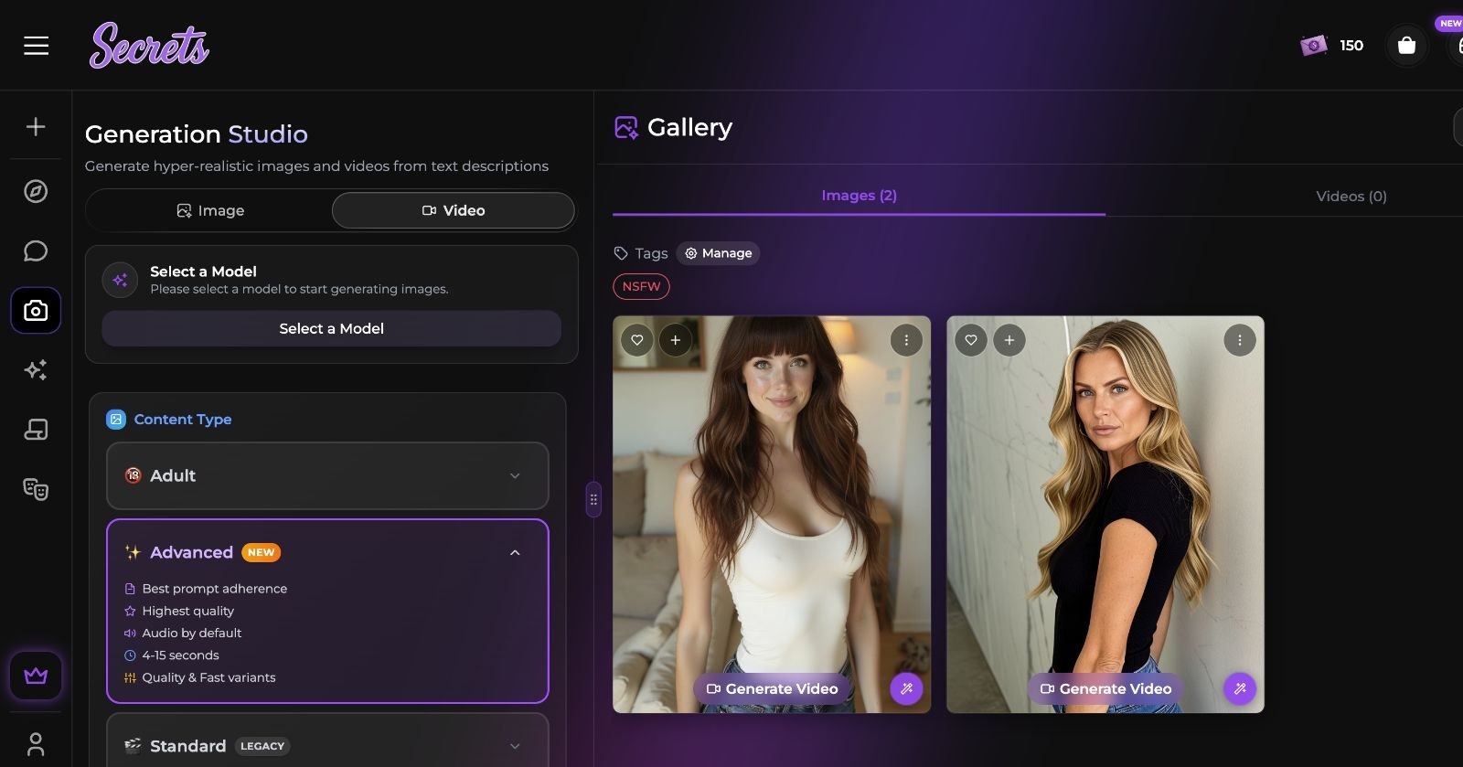 Secrets.ai Advanced video mode showing audio, duration and Quality or Fast variants