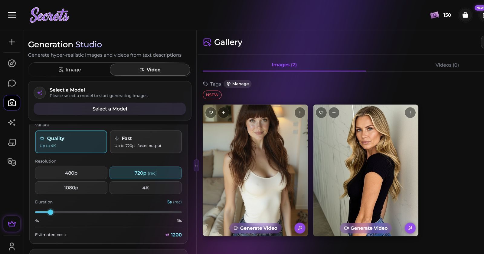 Secrets.ai video settings showing 720p, five seconds and an estimated cost of 1,200 Moments