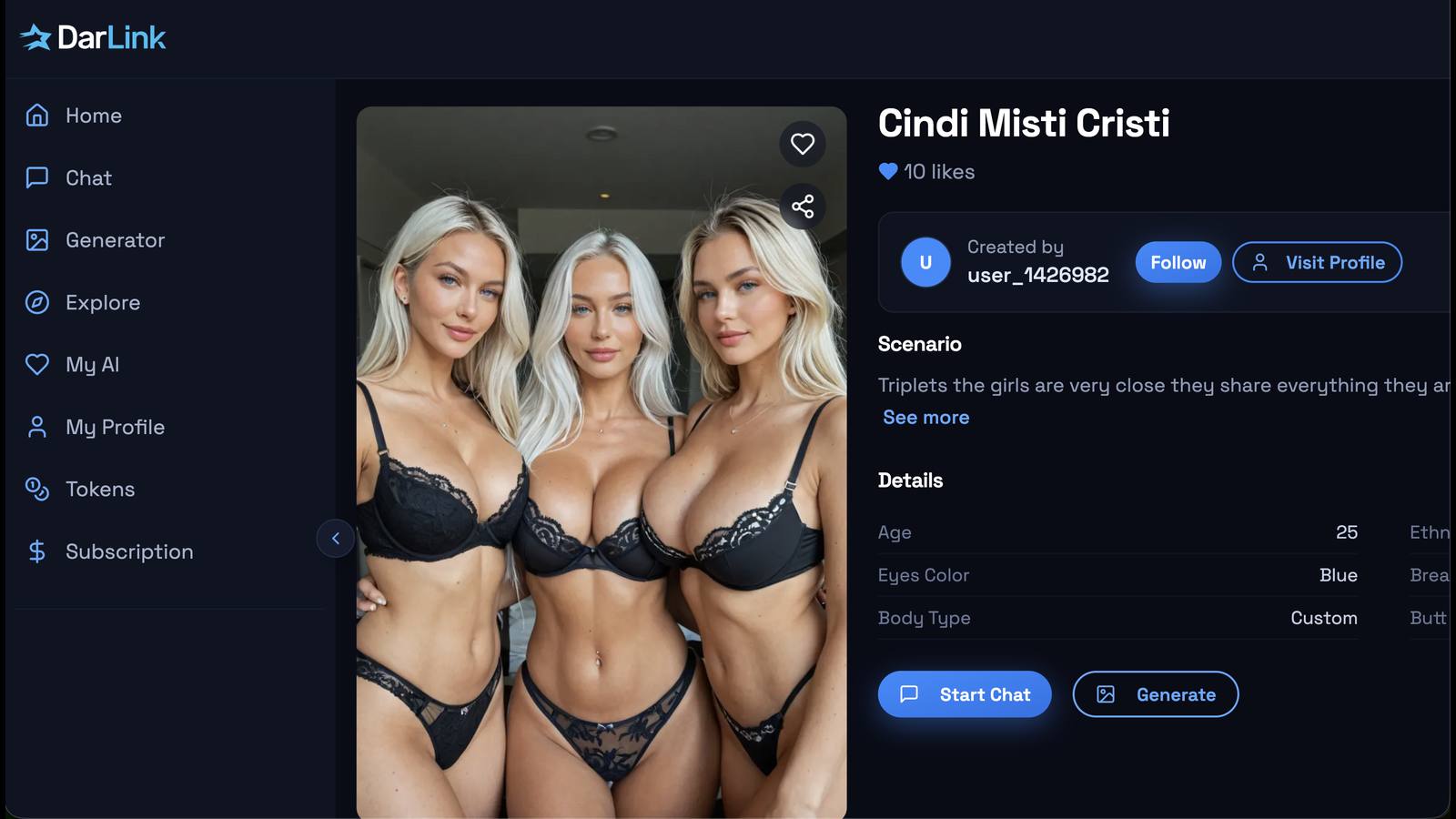 DarLink AI public profile for Cindi Misti Cristi, labelled age 25, showing three adult fictional women in black lingerie