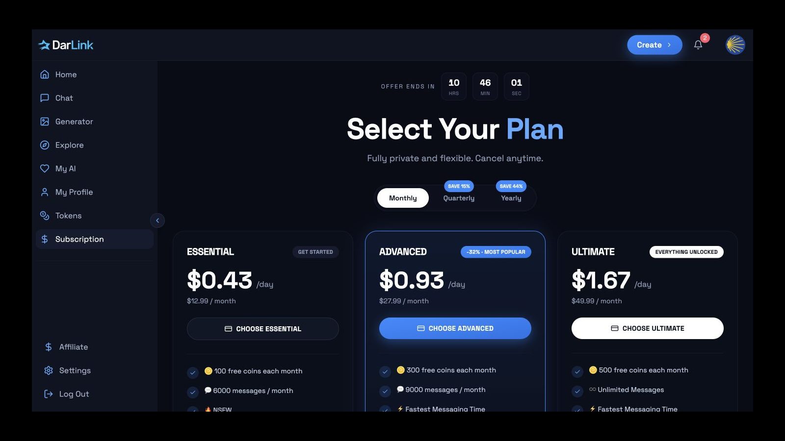 DarLink monthly subscription plans