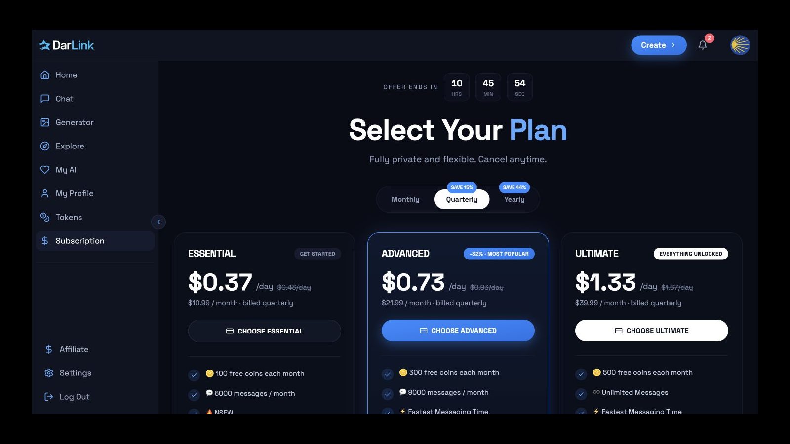 DarLink quarterly subscription prices