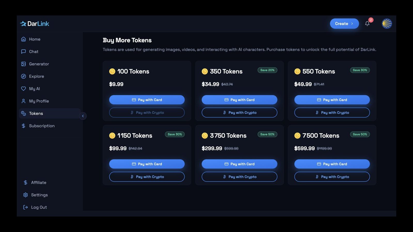 DarLink token pack sizes and prices