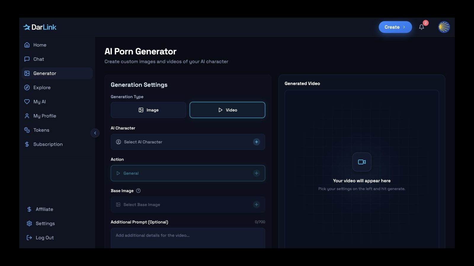 DarLink video generator controls