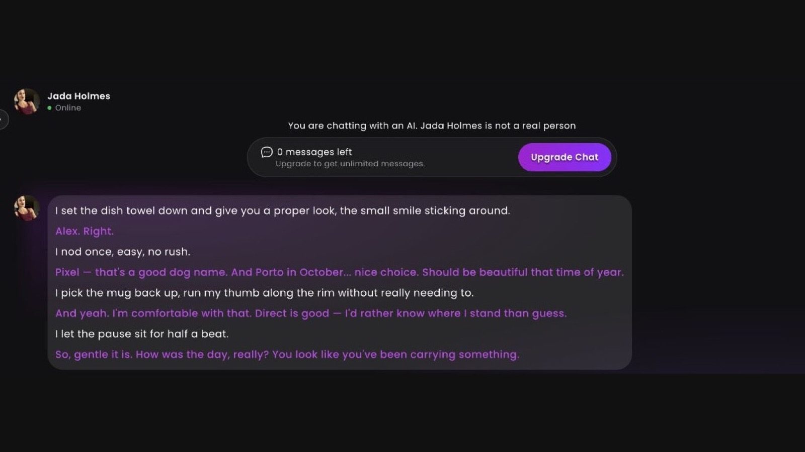 Dreamz.ai Jada chat recalling Alex, Pixel, and Porto