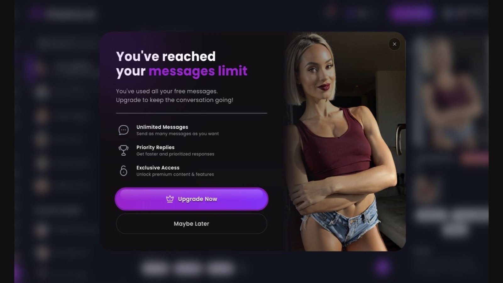 Dreamz.ai free-message-limit upgrade modal