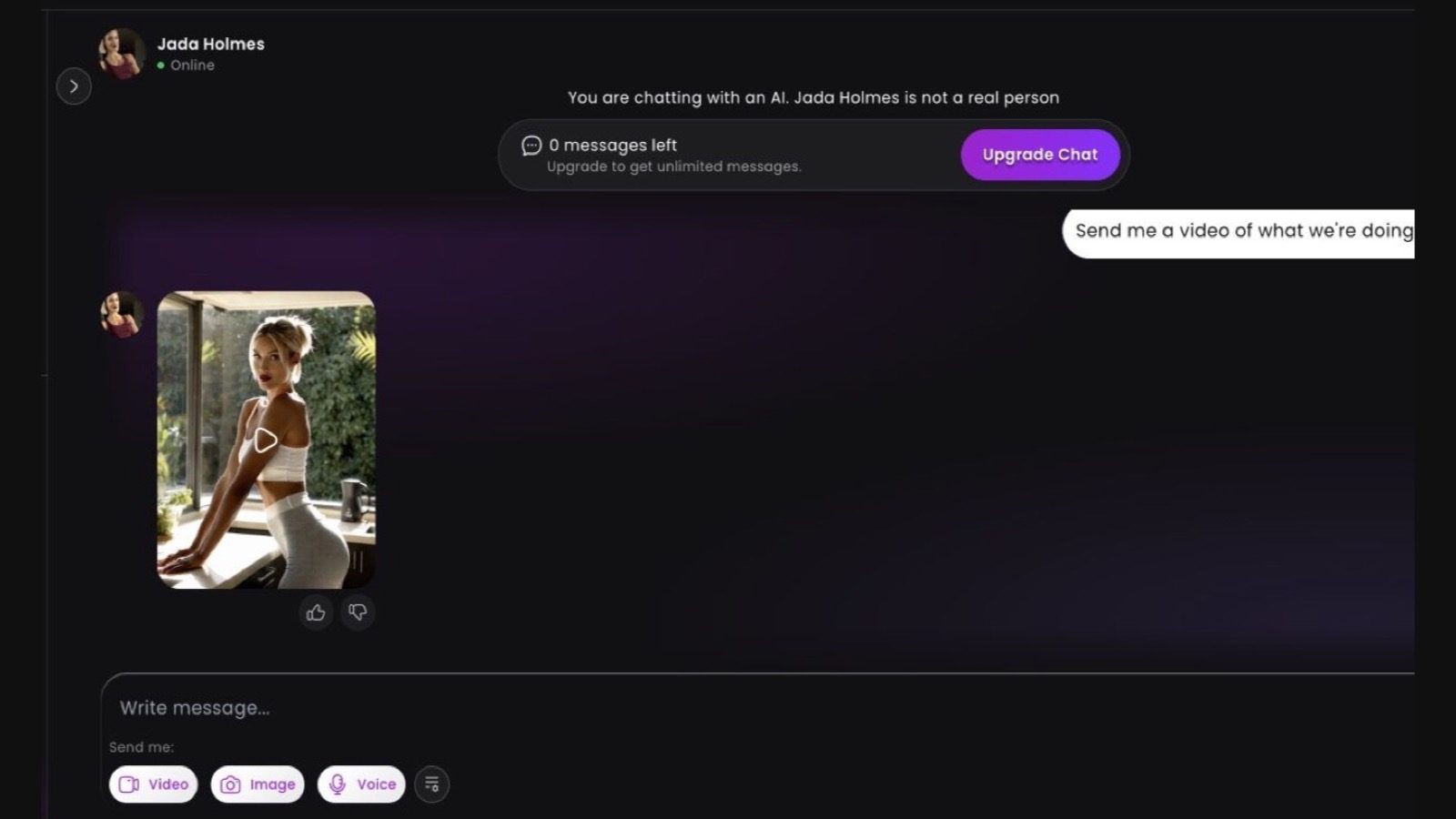 Dreamz.ai chat with a safe generated video thumbnail and media controls
