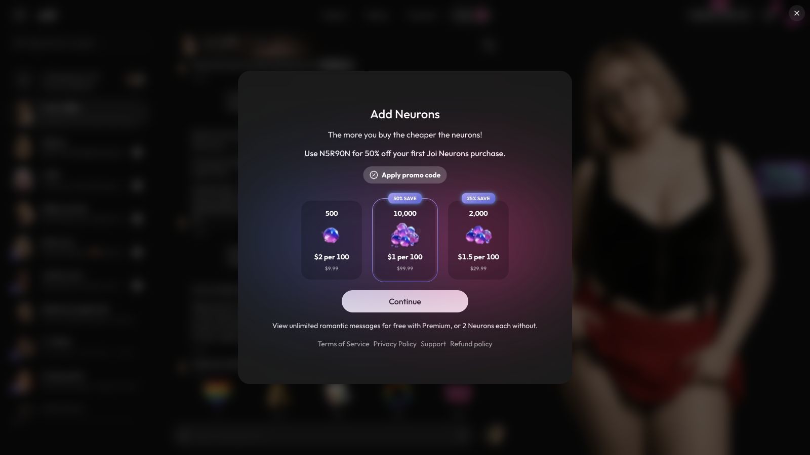 Joi Neuron pack prices displayed over a blurred Lila Griffin background