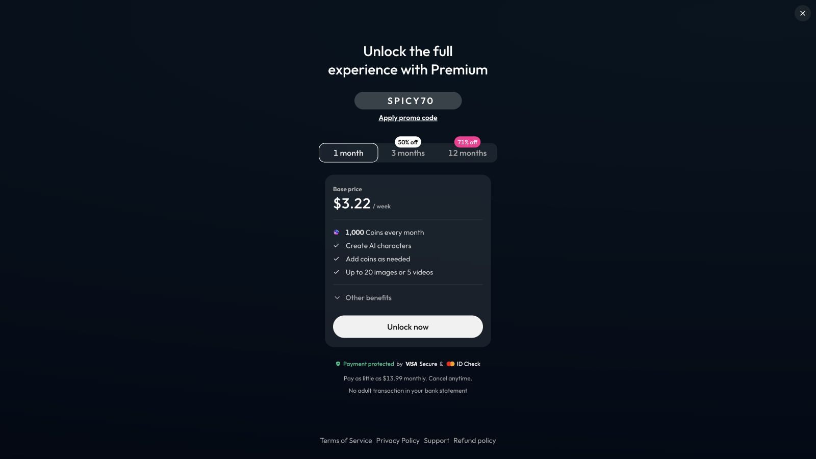 Joi Premium monthly plan showing its current base total and monthly Coins