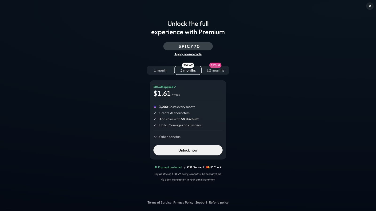 Joi Premium three-month plan showing its current promotional total and monthly Coins