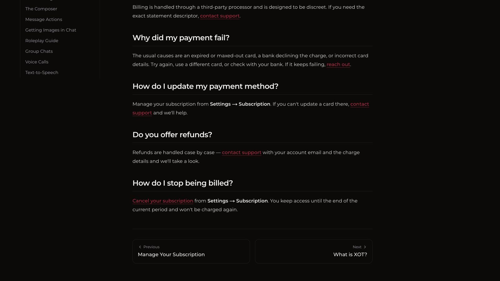 Xotic AI billing guide describing case-by-case refunds