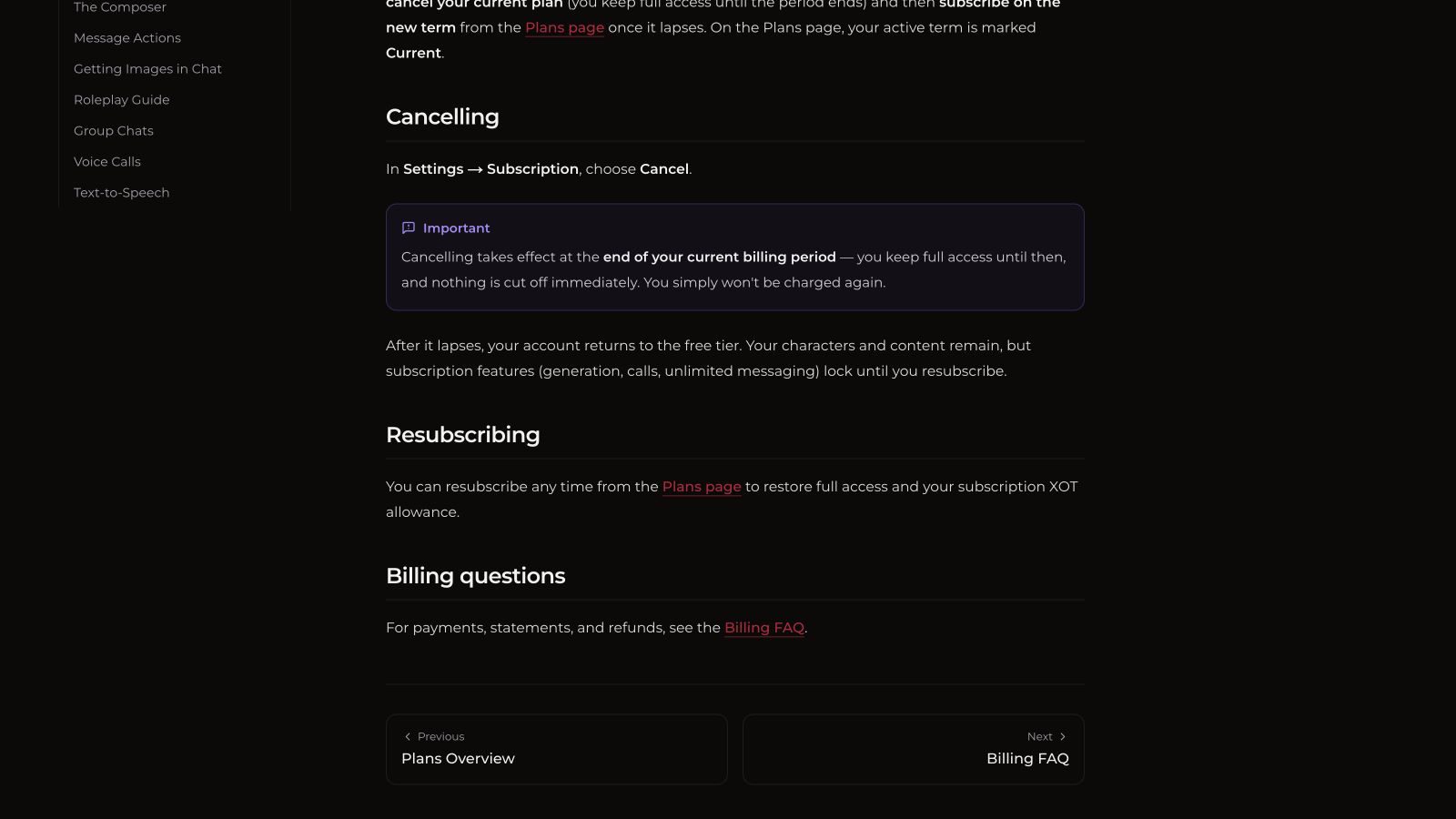 Xotic AI guide explaining cancellation at the end of the billing period