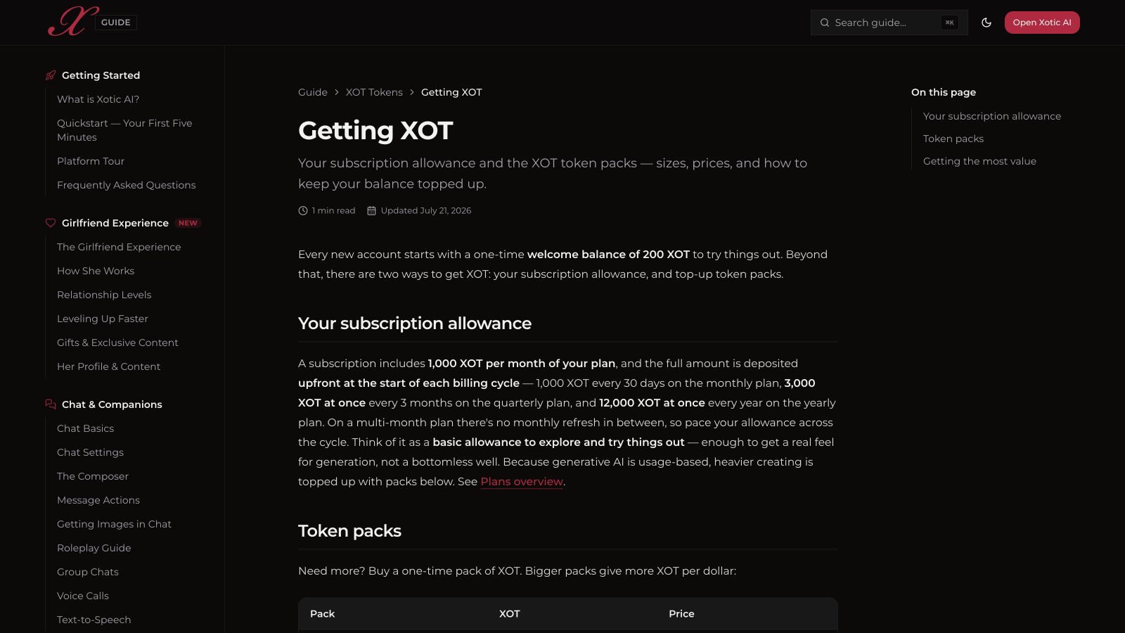 Xotic AI guide documenting the one-time 200-XOT welcome balance