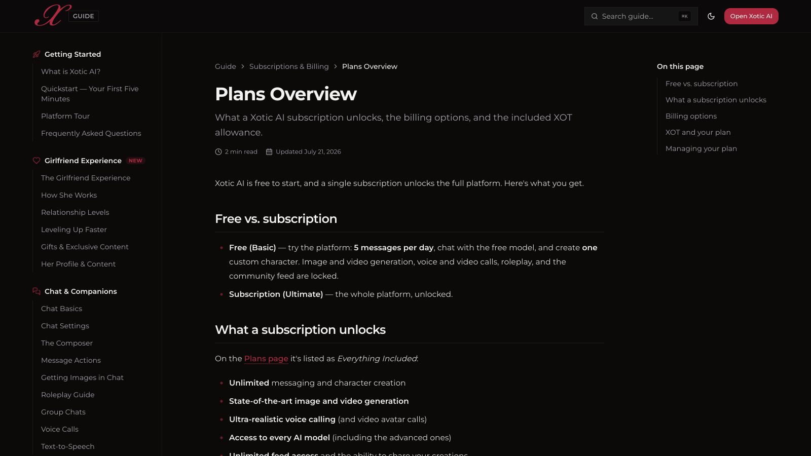 Xotic AI official plan guide comparing Free and Ultimate access