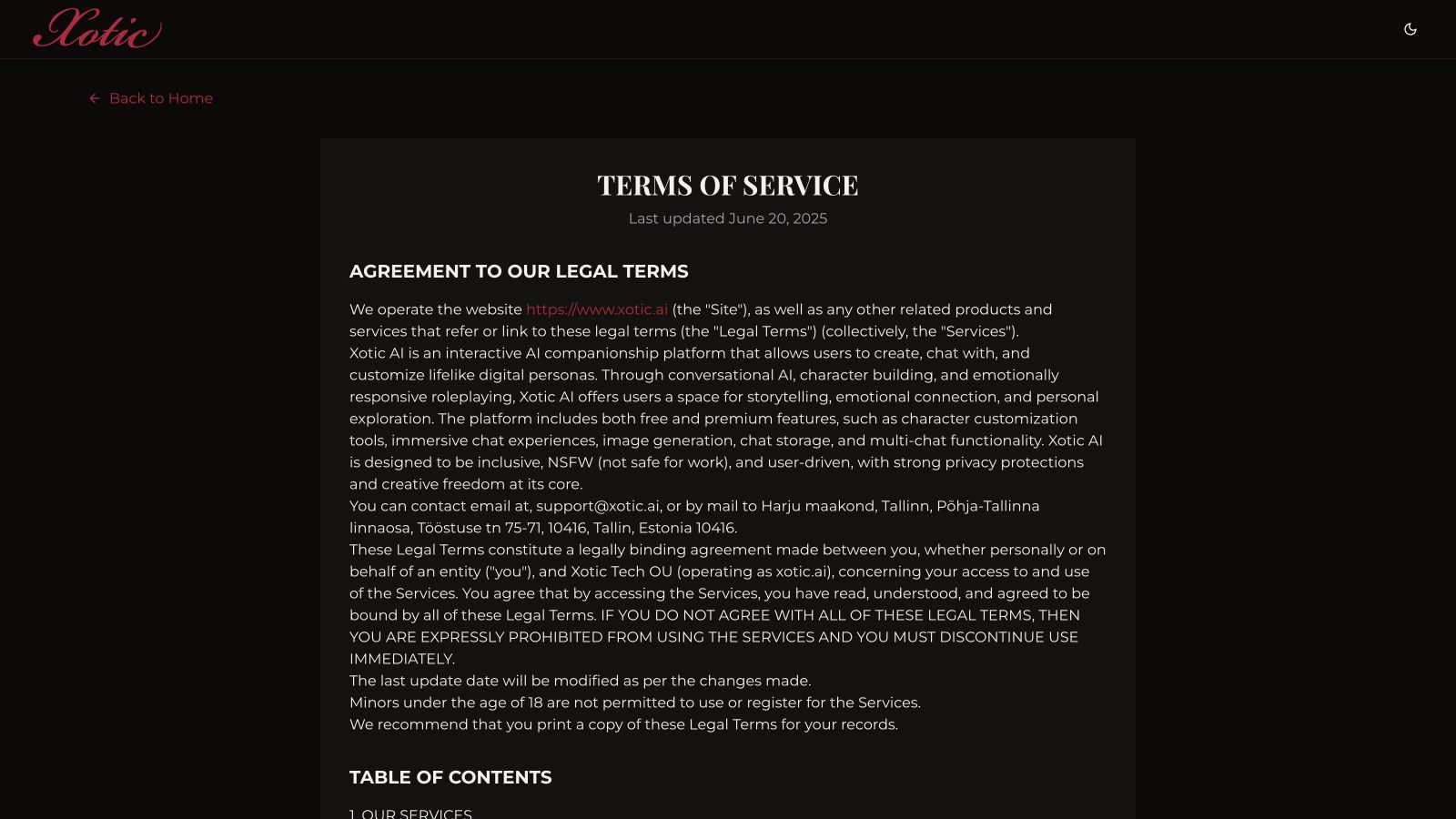Xotic AI Terms naming Xotic Tech OU and restricting access to adults