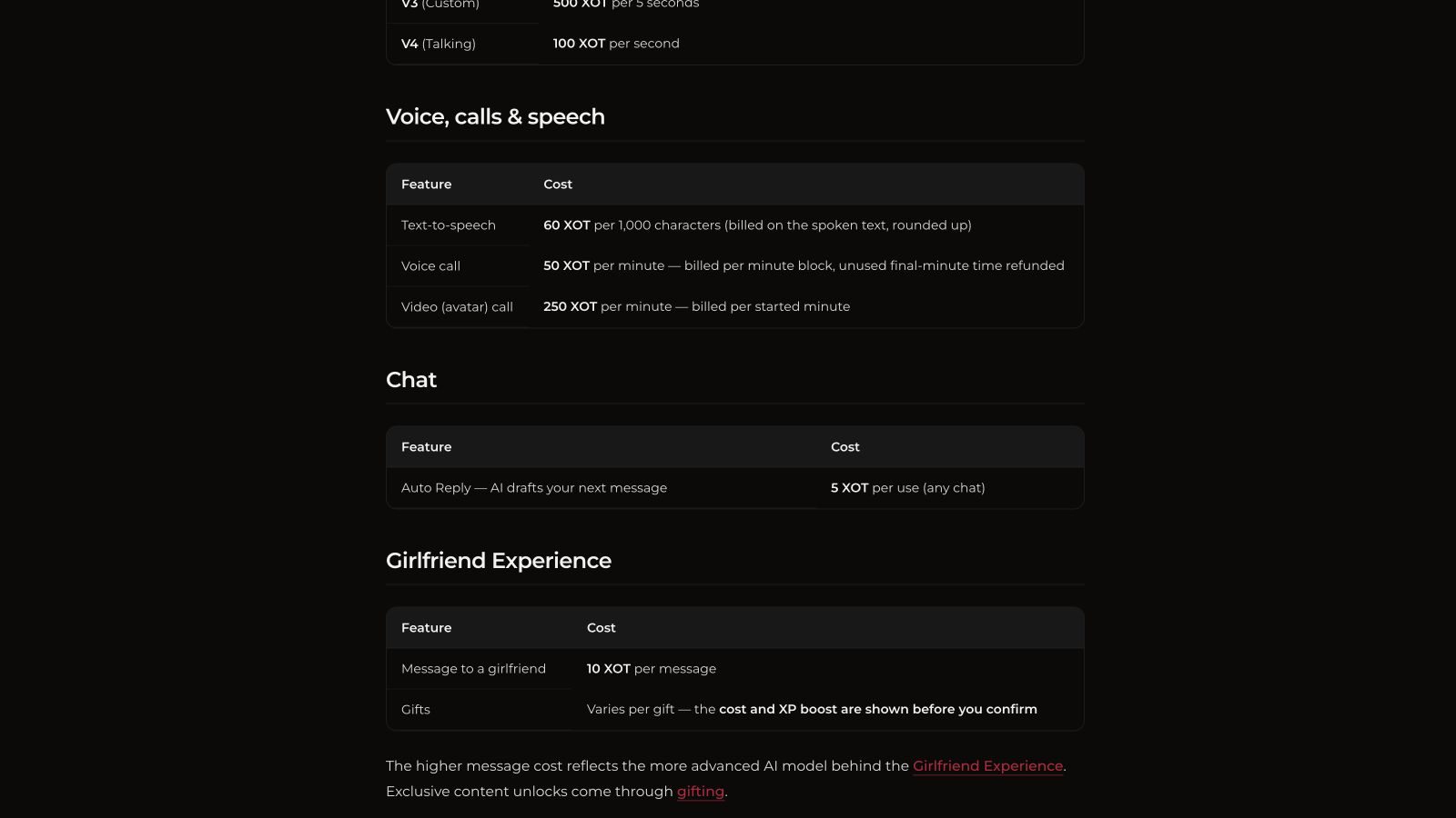 Xotic AI guide listing speech, voice call, avatar call and chat costs